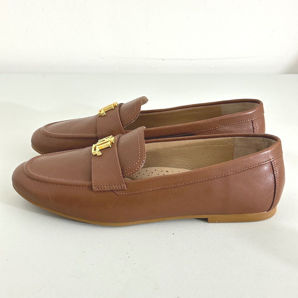 LRL Ralph Lauren Averie Brown Leather Loafers Gold Monogram Womens 8 US 39 EU - Picture 3 of 11